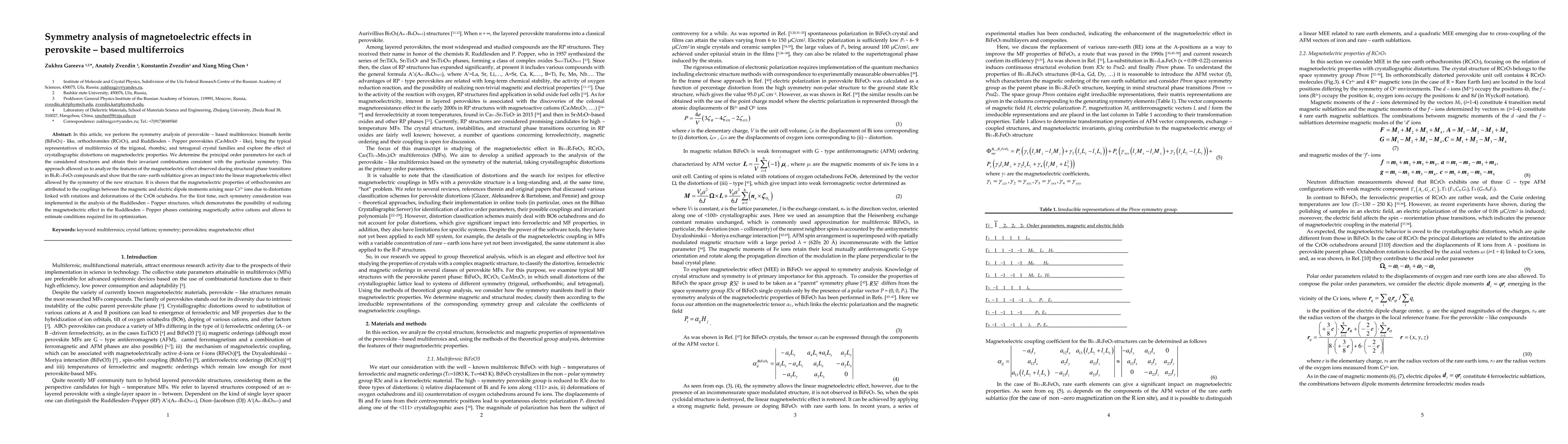 Thumbnail for Symmetry analysis of magnetoelectric effects in perovskite-based
  multiferroics