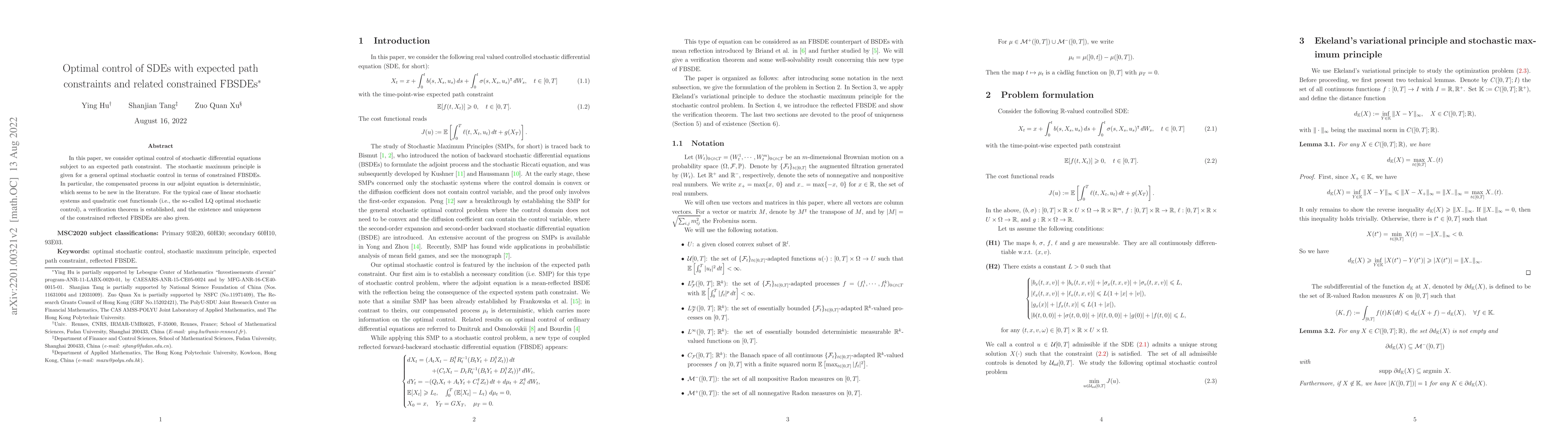 Thumbnail for Optimal control of SDEs with expected path constraints and related
  constrained FBSDEs