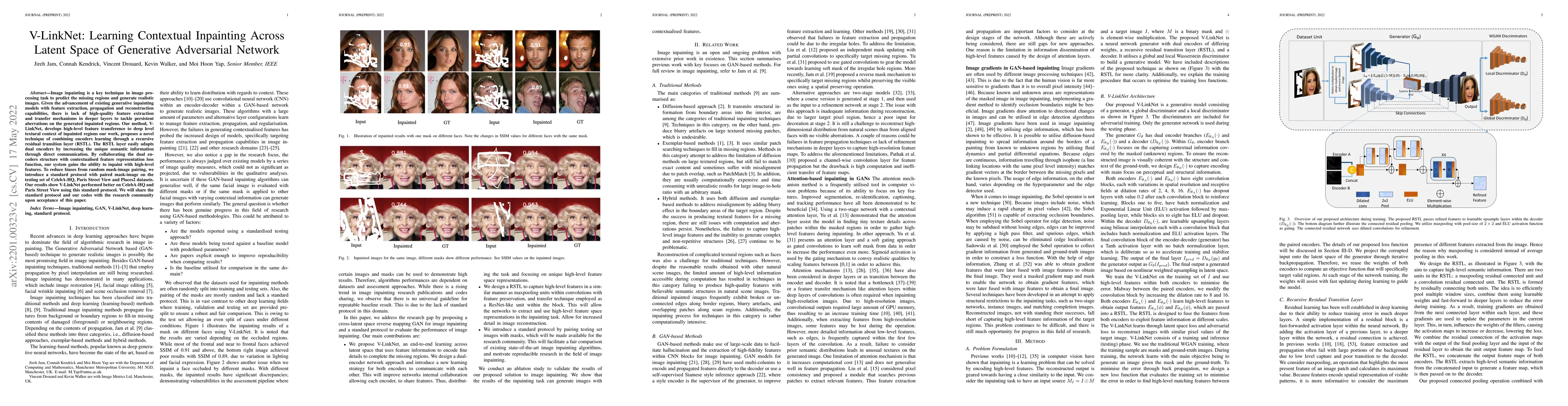 Thumbnail for V-LinkNet: Learning Contextual Inpainting Across Latent Space of
  Generative Adversarial Network