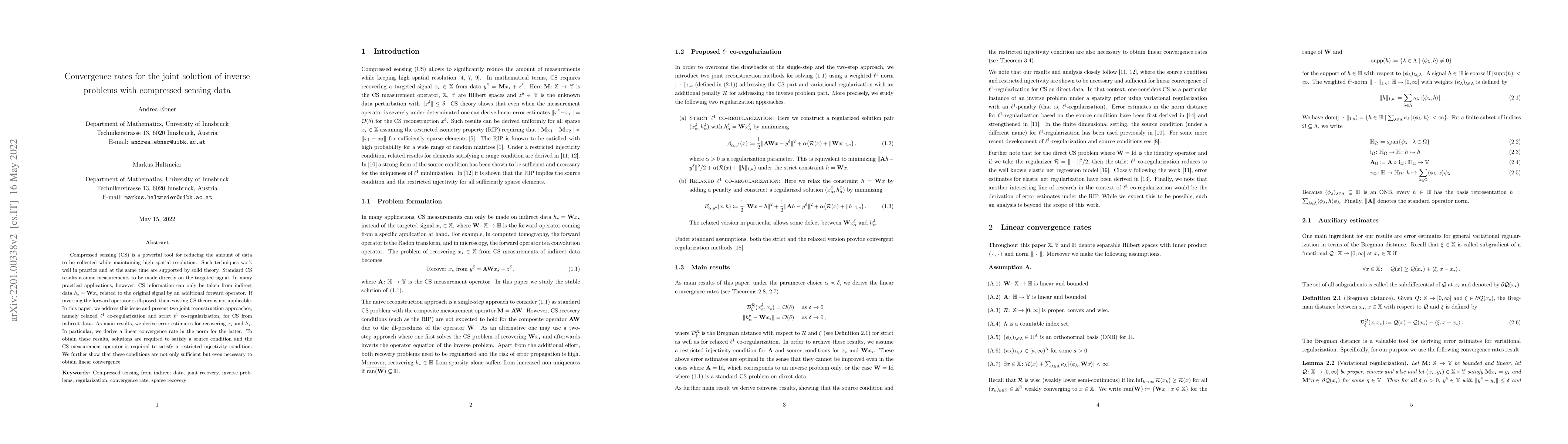 Thumbnail for Convergence rates for the joint solution of inverse problems with
  compressed sensing data