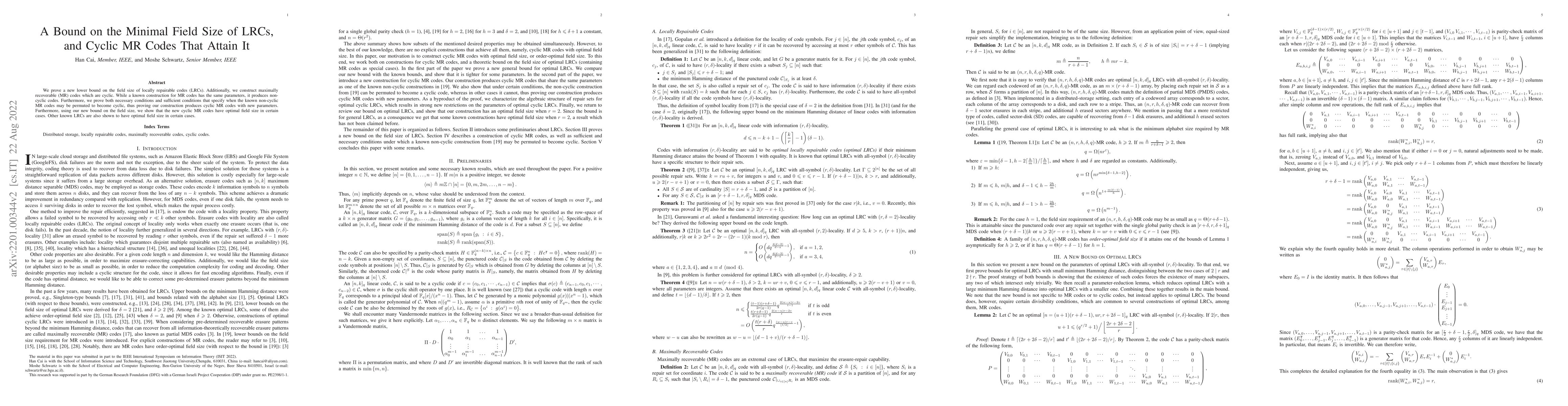 Thumbnail for A Bound on the Minimal Field Size of LRCs, and Cyclic MR Codes That
  Attain It