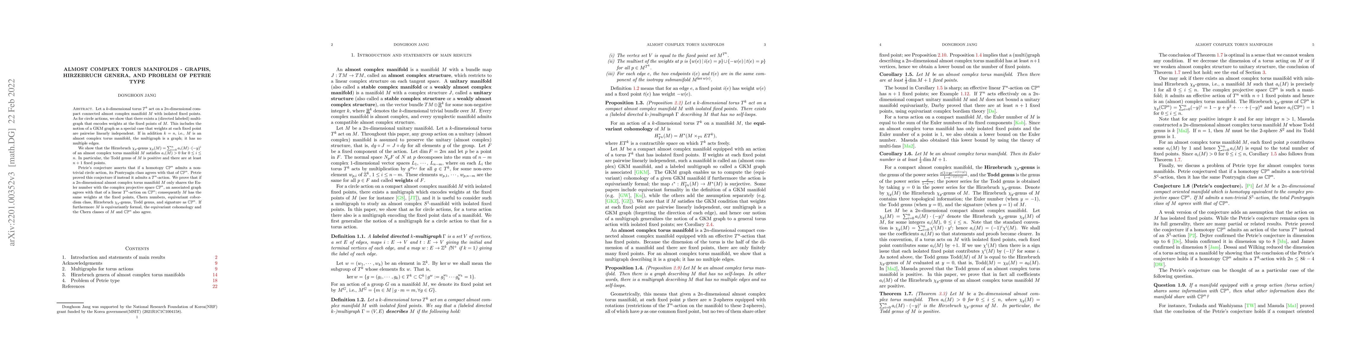 Thumbnail for Almost complex torus manifolds -- graphs, Hirzebruch genera, and problem
  of Petrie type
