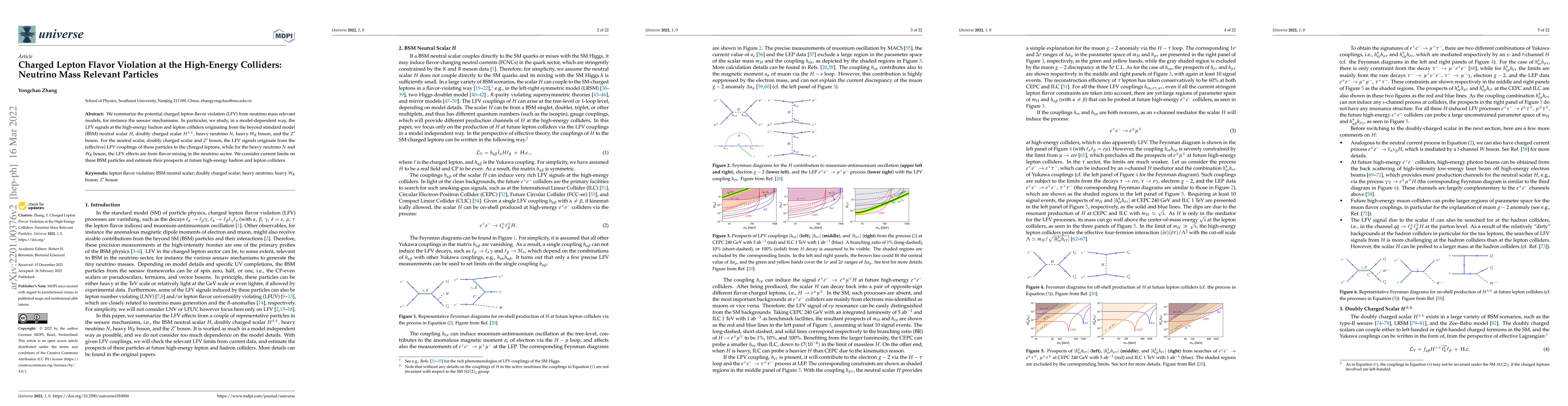 Thumbnail for Charged Lepton Flavor Violation at the High-Energy Colliders: Neutrino
  Mass Relevant Particles