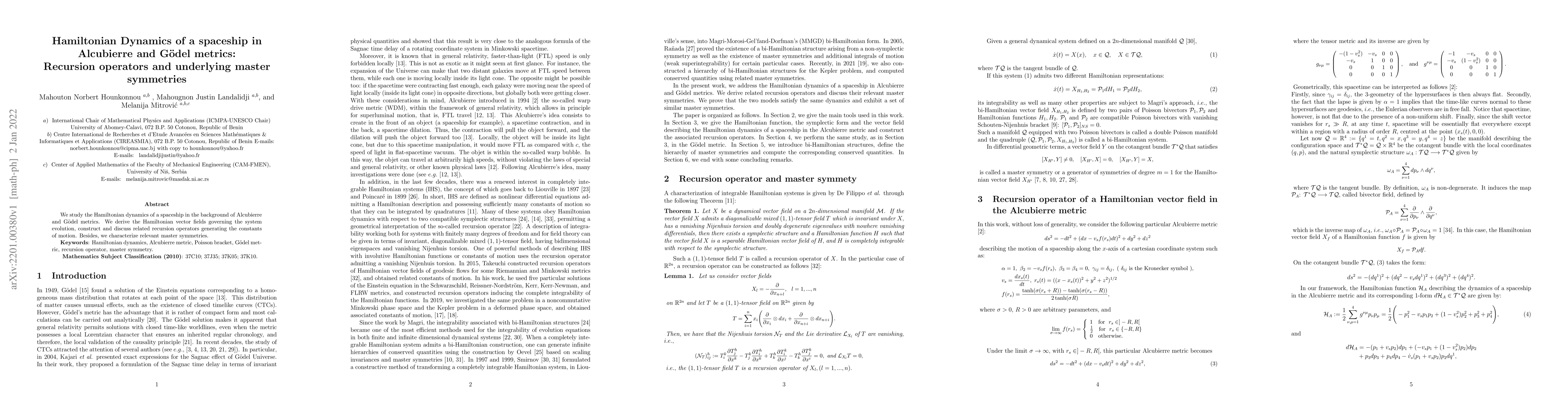 Thumbnail for Hamiltonian Dynamics of a spaceship in Alcubierre and G\"odel metrics:
  Recursion operators and underlying master symmetries