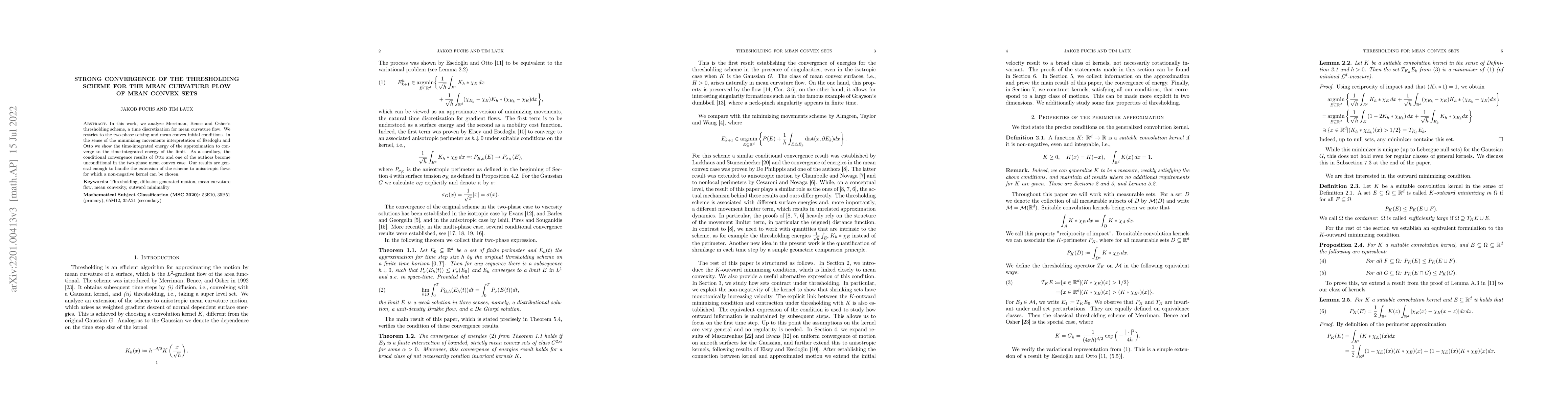Thumbnail for Strong convergence of the thresholding scheme for the mean curvature
  flow of mean convex sets