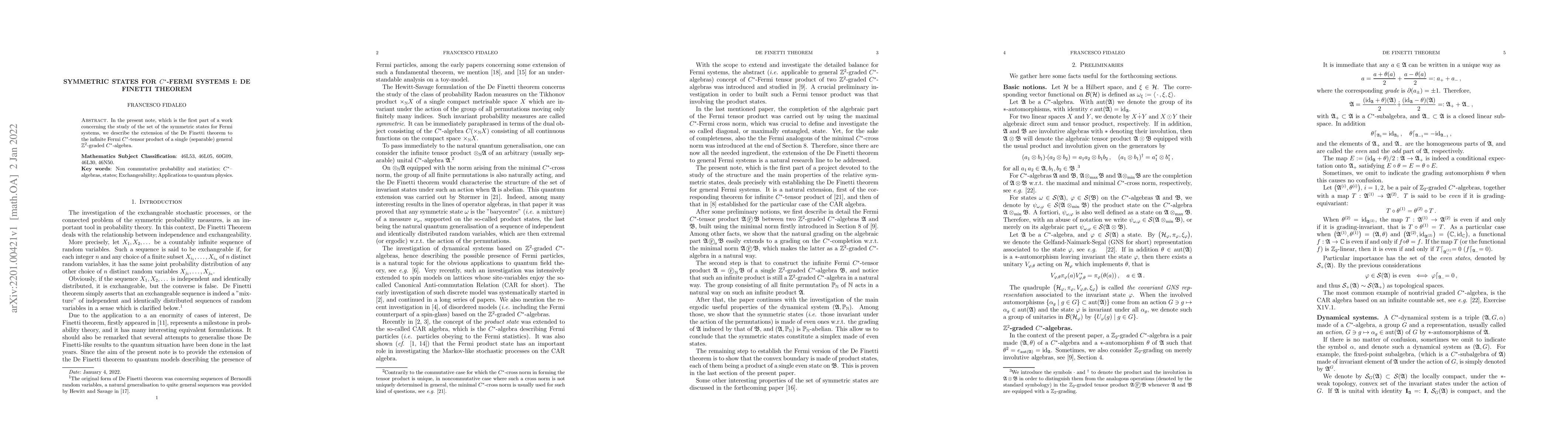 Thumbnail for Symmetric states for $C^*$-Fermi systems I: De Finetti theorem