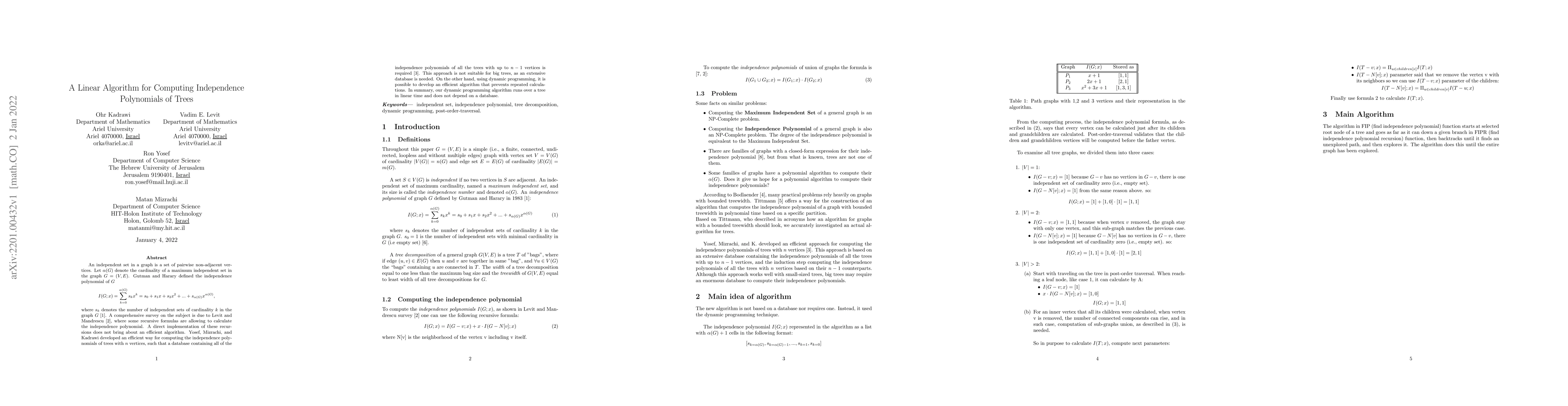 Thumbnail for A Linear Algorithm for Computing Independence Polynomials of Trees
