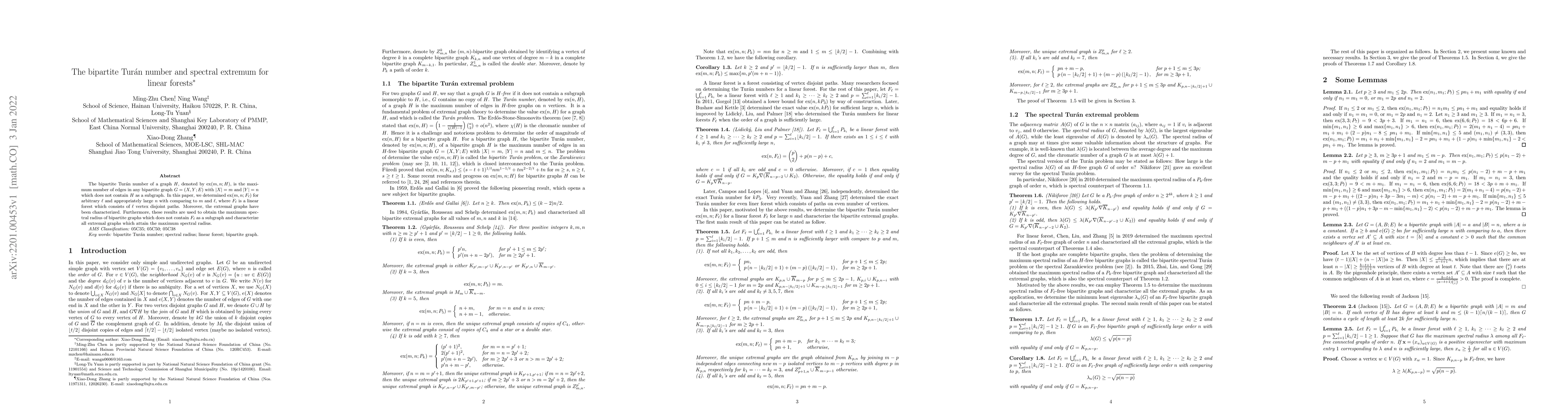 Thumbnail for The bipartite Turan number and spectral extremum for linear forests