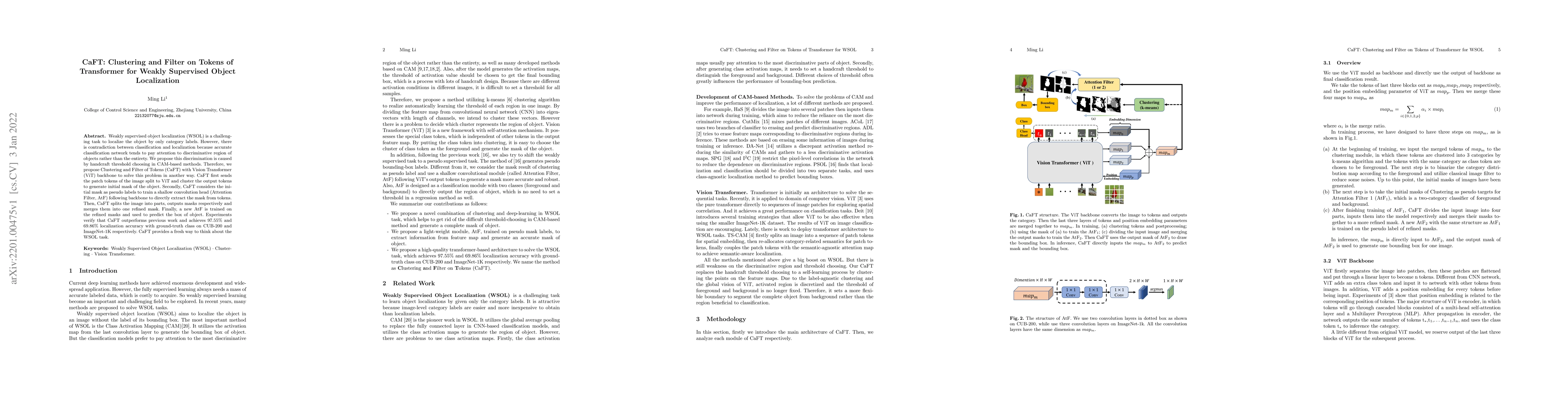Thumbnail for CaFT: Clustering and Filter on Tokens of Transformer for Weakly
  Supervised Object Localization
