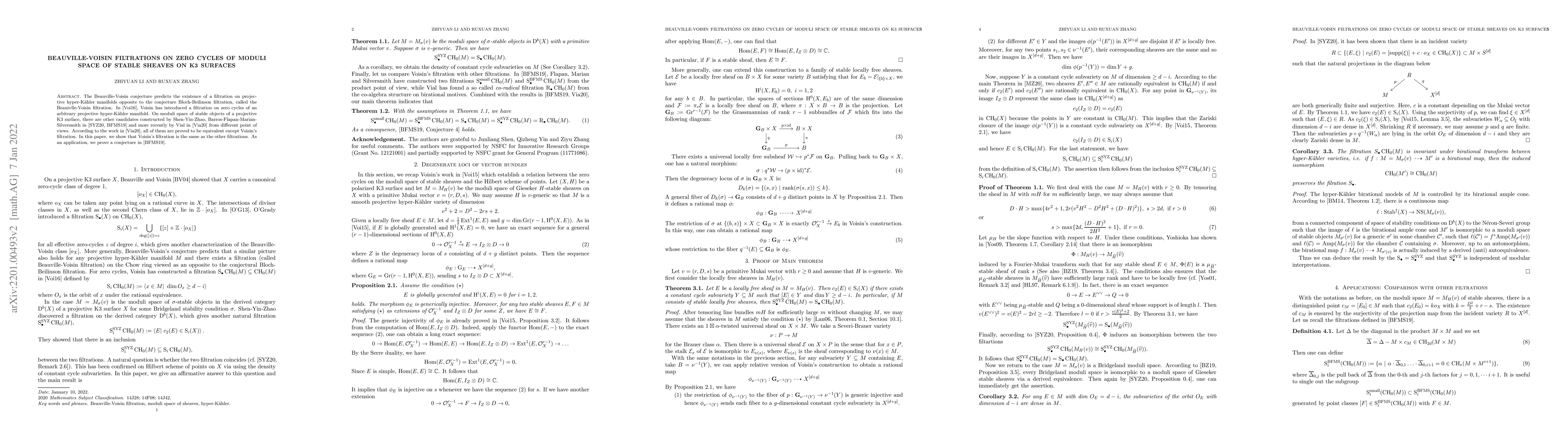 Thumbnail for Beauville-Voisin filtrations on zero cycles of moduli space of stable
  sheaves on K3 surfaces
