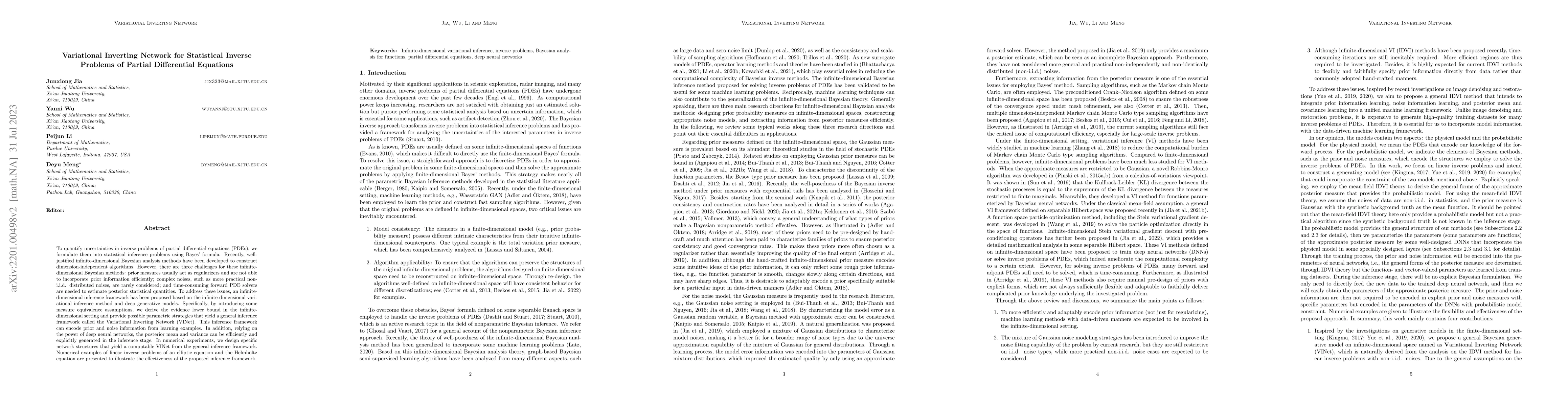 Thumbnail for Variational Inverting Network for Statistical Inverse Problems of
  Partial Differential Equations