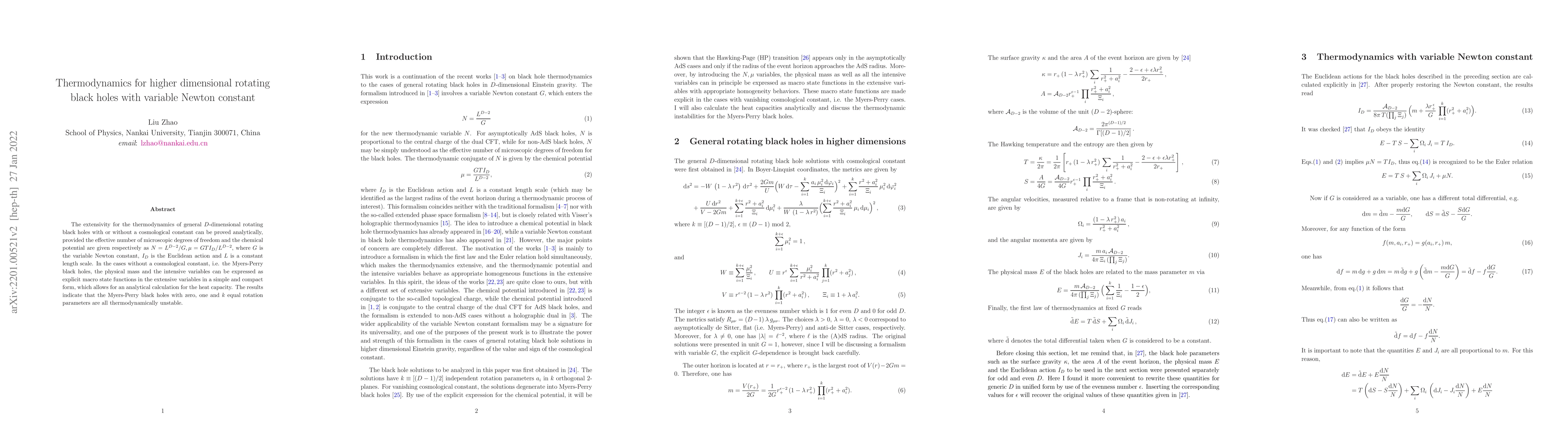 Thumbnail for Thermodynamics for higher dimensional rotating black holes with variable
  Newton constant