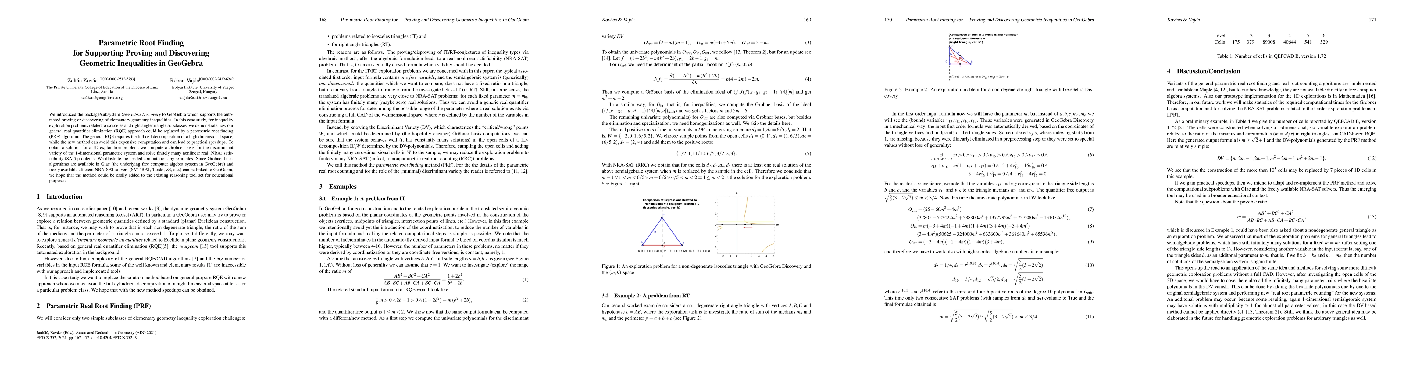 Thumbnail for Parametric Root Finding for Supporting Proving and Discovering Geometric
  Inequalities in GeoGebra