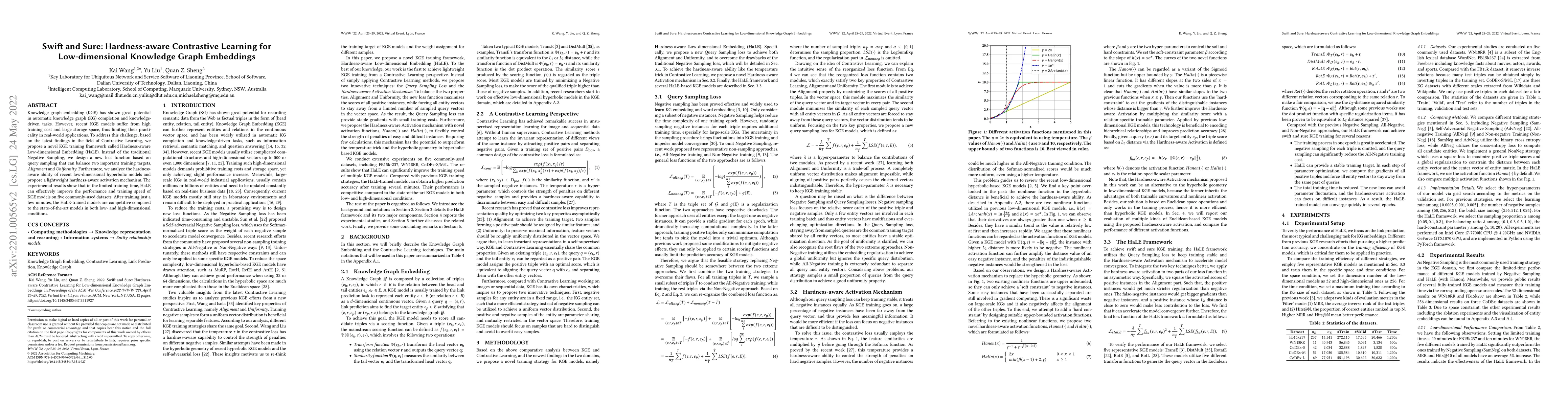 Thumbnail for Swift and Sure: Hardness-aware Contrastive Learning for Low-dimensional
  Knowledge Graph Embeddings