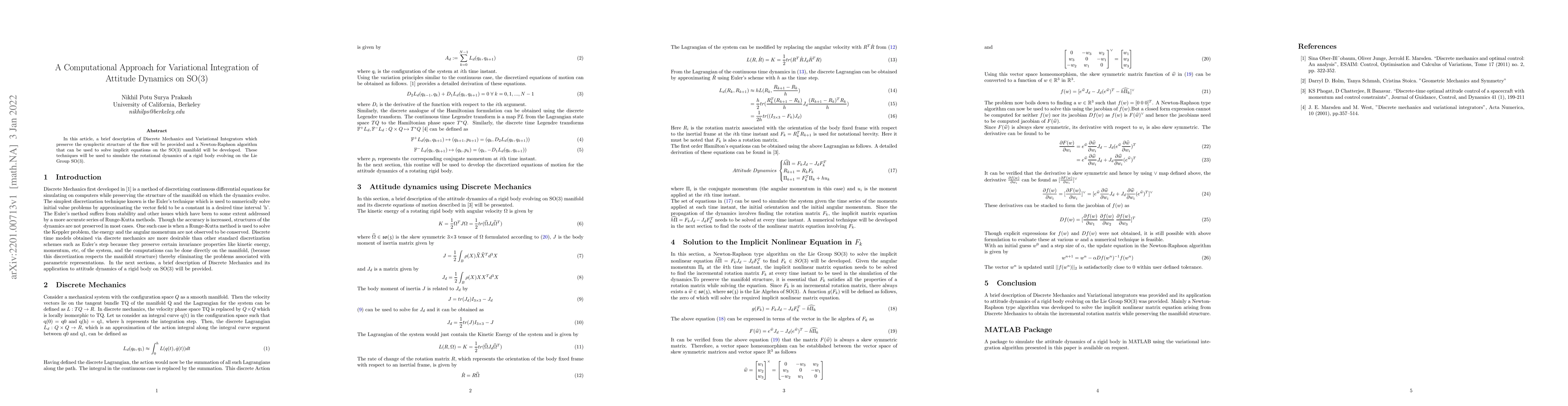 Thumbnail for A Computational Approach for Variational Integration of Attitude
  Dynamics on SO(3)