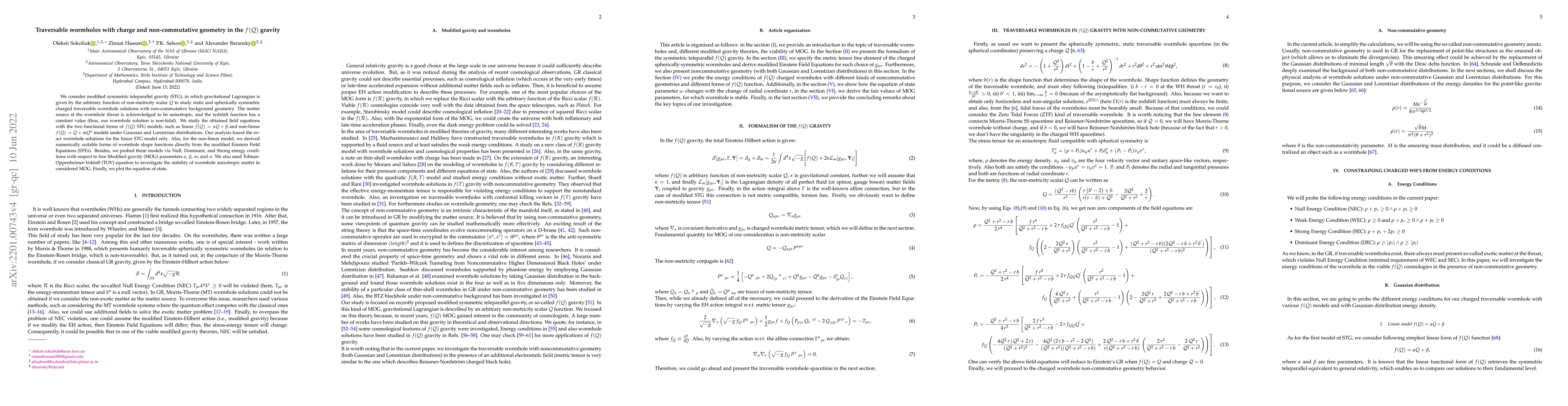 Thumbnail for Traversable wormholes with charge and non-commutative geometry in the
  $f(Q)$ gravity