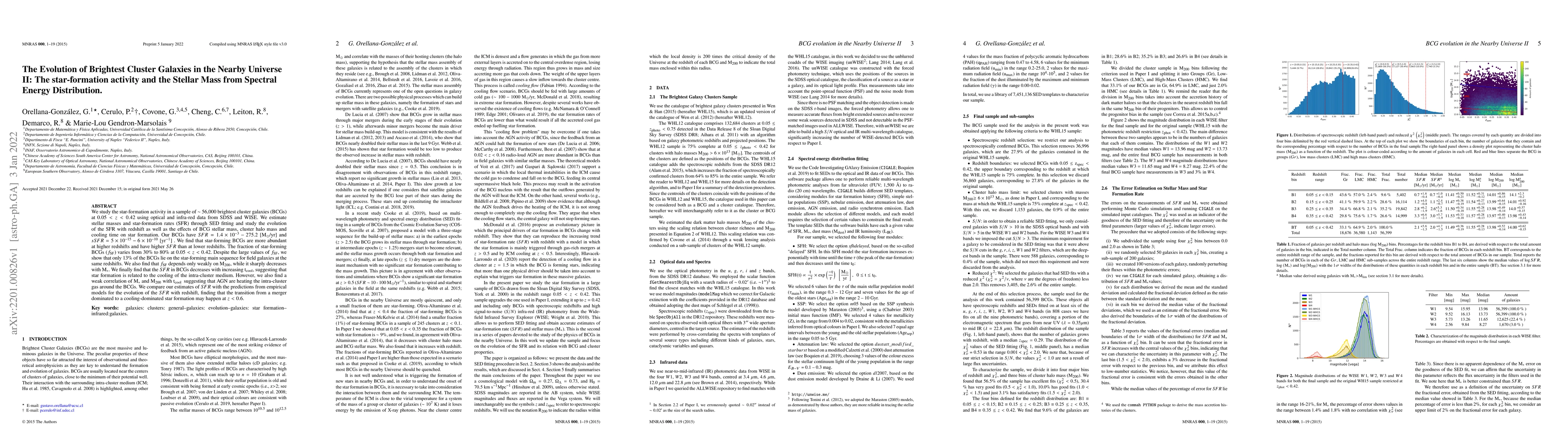 Thumbnail for The Evolution of Brightest Cluster Galaxies in the Nearby Universe II:
  The star-formation activity and the Stellar Mass from Spectral Energy
  Distribution