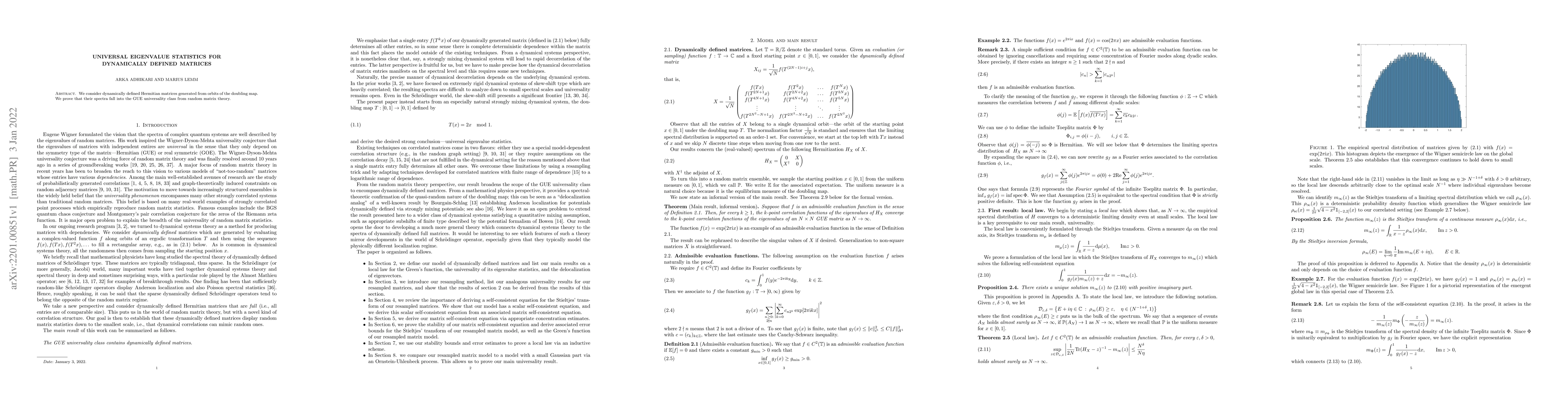 Thumbnail for Universal Eigenvalue Statistics for Dynamically Defined Matrices