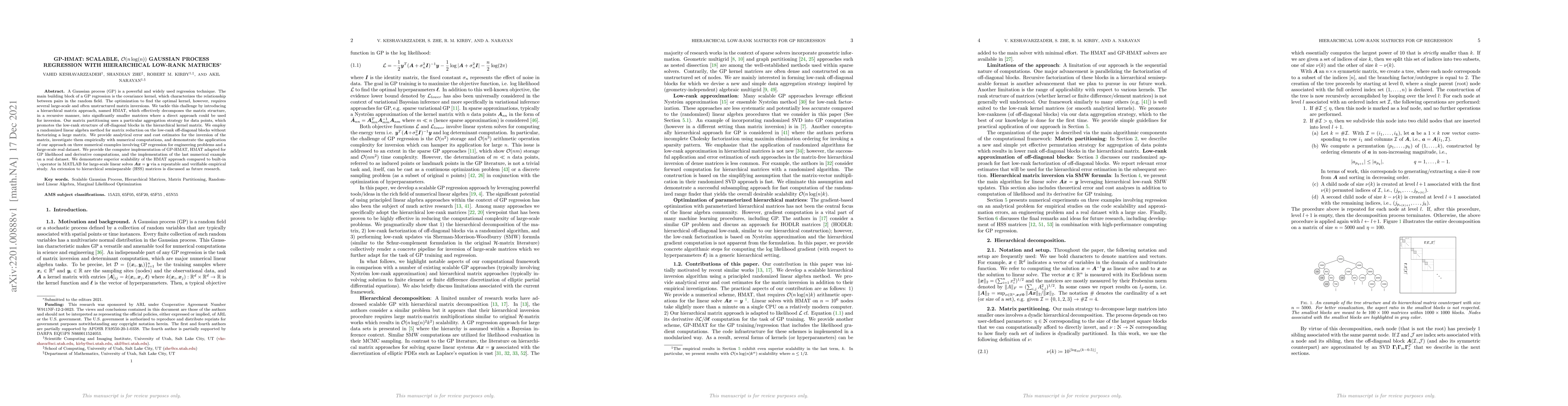 Thumbnail for GP-HMAT: Scalable, ${O}(n\log(n))$ Gaussian Process Regression with
  Hierarchical Low-Rank Matrices