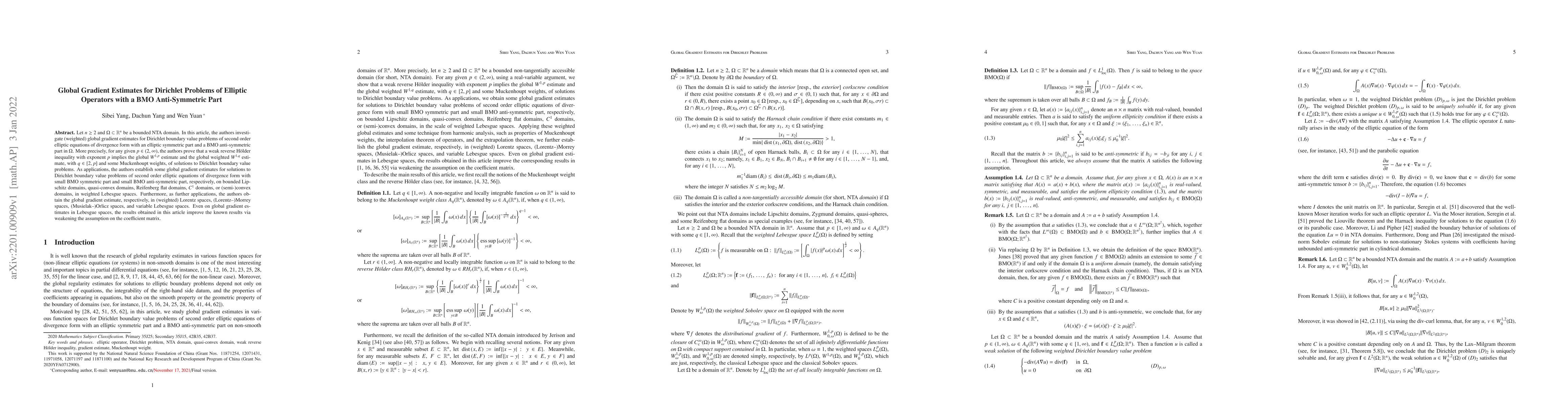 Thumbnail for Global Gradient Estimates for Dirichlet Problems of Elliptic Operators
  with a BMO Anti-Symmetric Part