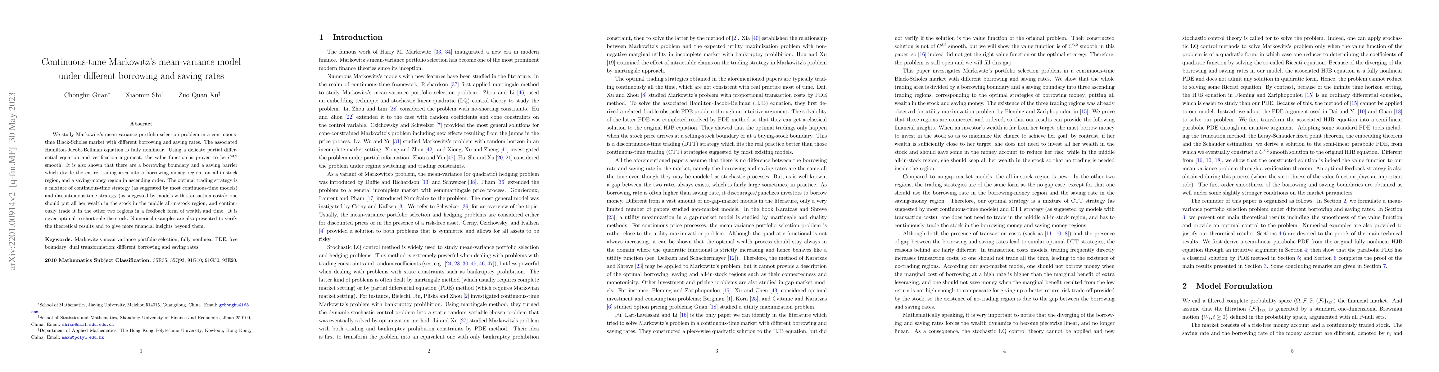 Thumbnail for Continuous-time Markowitz's mean-variance model under different
  borrowing and saving rates