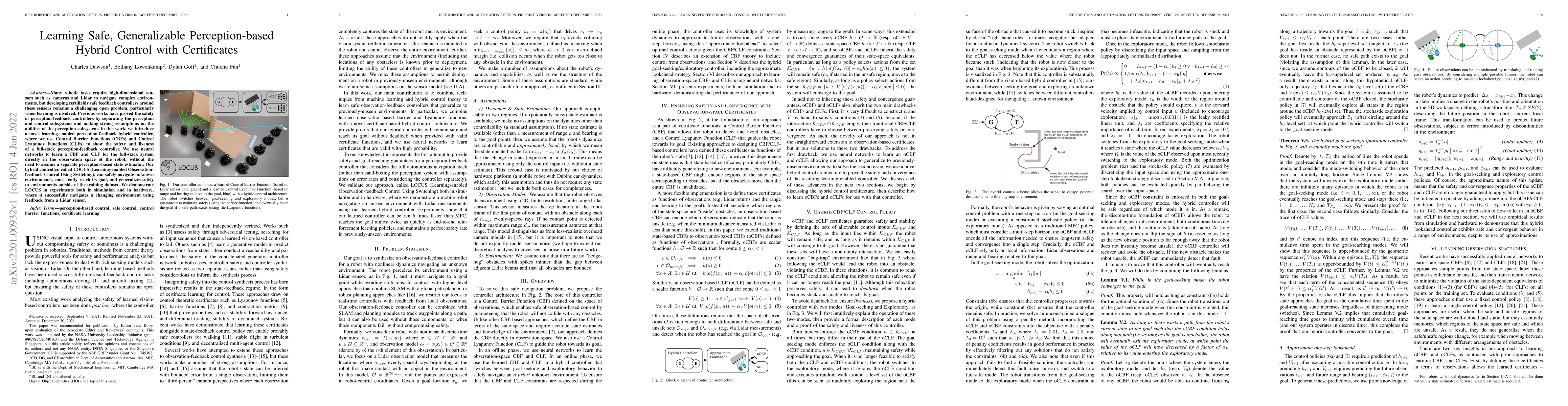 Thumbnail for Learning Safe, Generalizable Perception-based Hybrid Control with
  Certificates