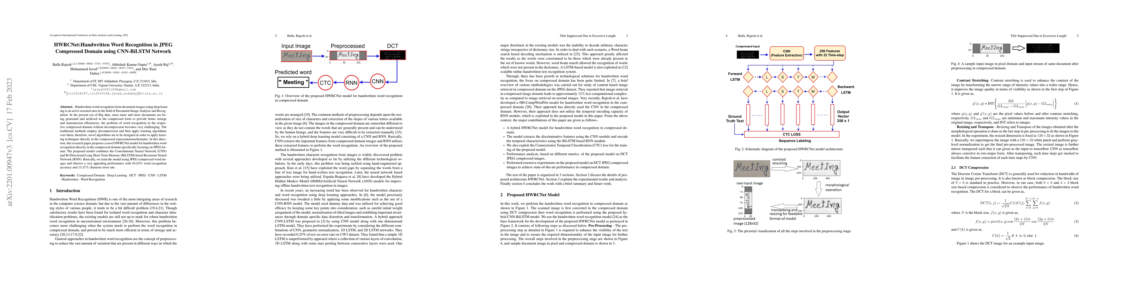 Thumbnail for HWRCNet: Handwritten Word Recognition in JPEG Compressed Domain using
  CNN-BiLSTM Network