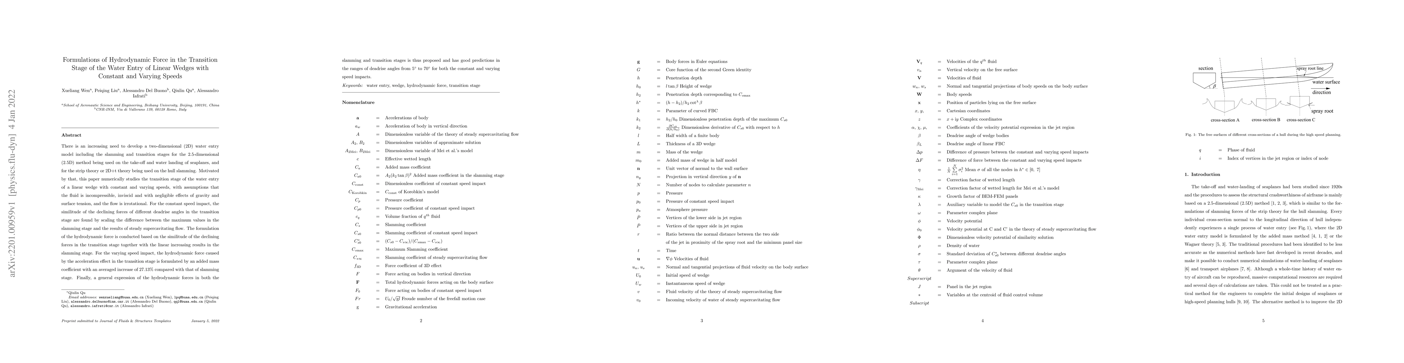 Thumbnail for Formulations of Hydrodynamic Force in the Transition Stage of the Water
  Entry of Linear Wedges with Constant and Varying Speeds