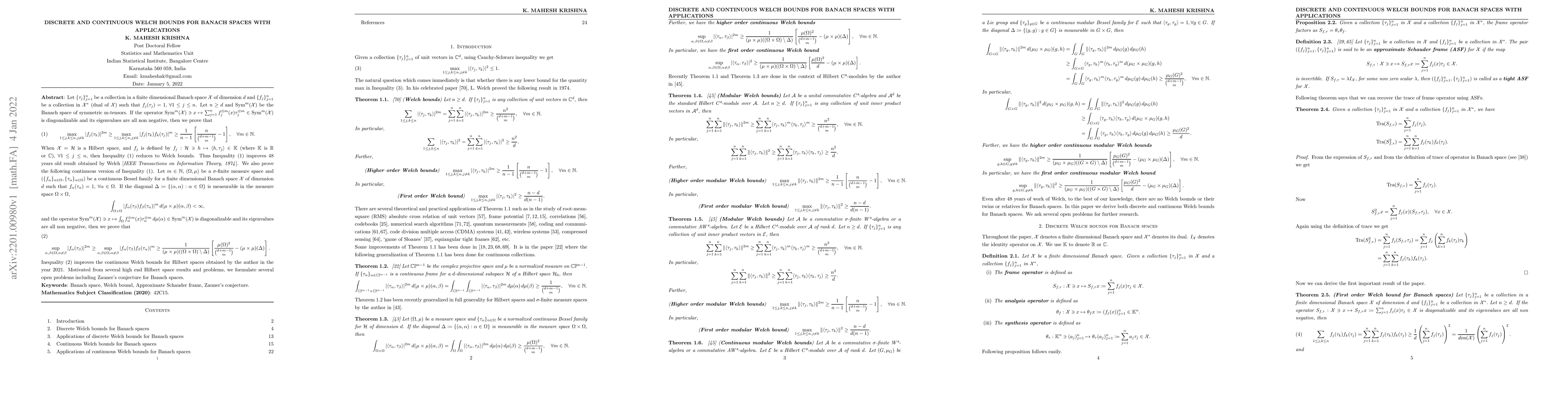 Thumbnail for Discrete and Continuous Welch Bounds for Banach Spaces with Applications