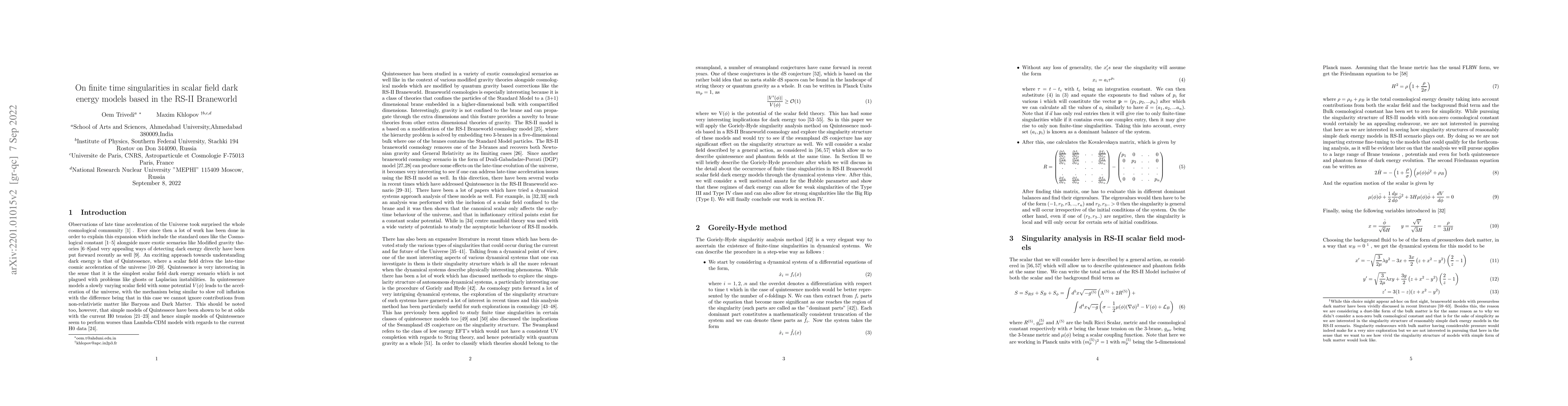 Thumbnail for On finite time singularities in scalar field dark energy models based in
  the RS-II Braneworld