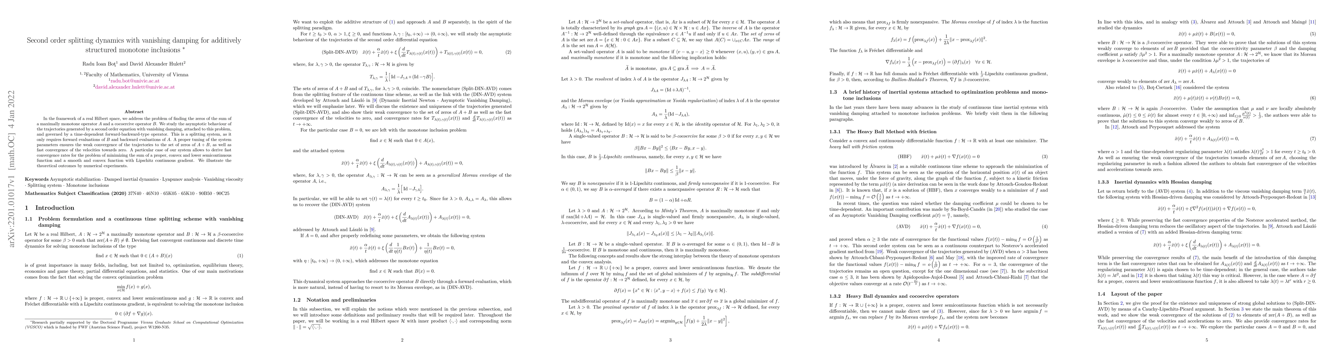 Thumbnail for Second order splitting dynamics with vanishing damping for additively
  structured monotone inclusions