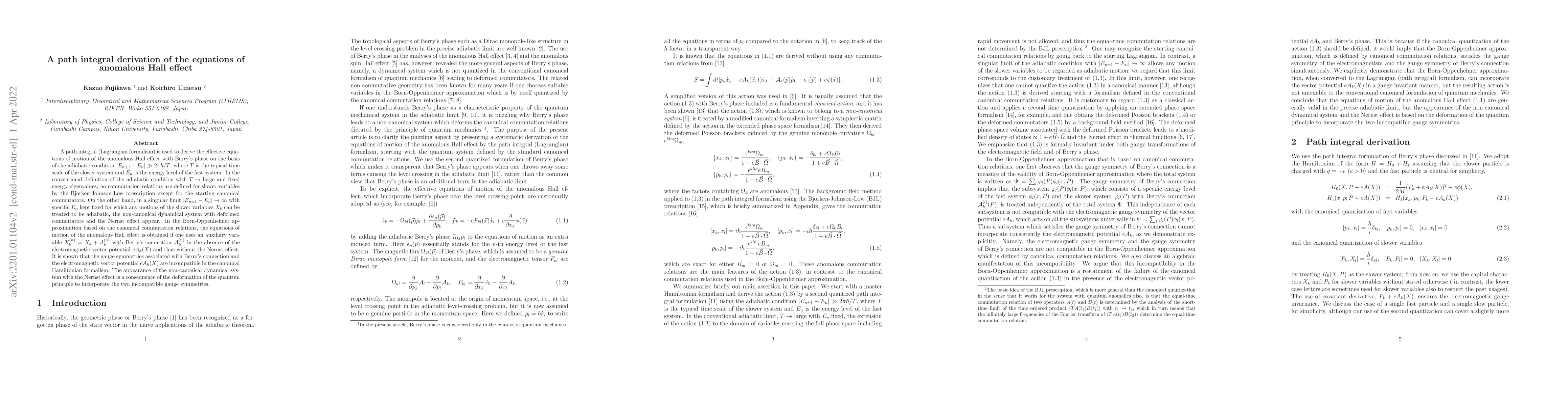 Thumbnail for A path integral derivation of the equations of anomalous Hall effect