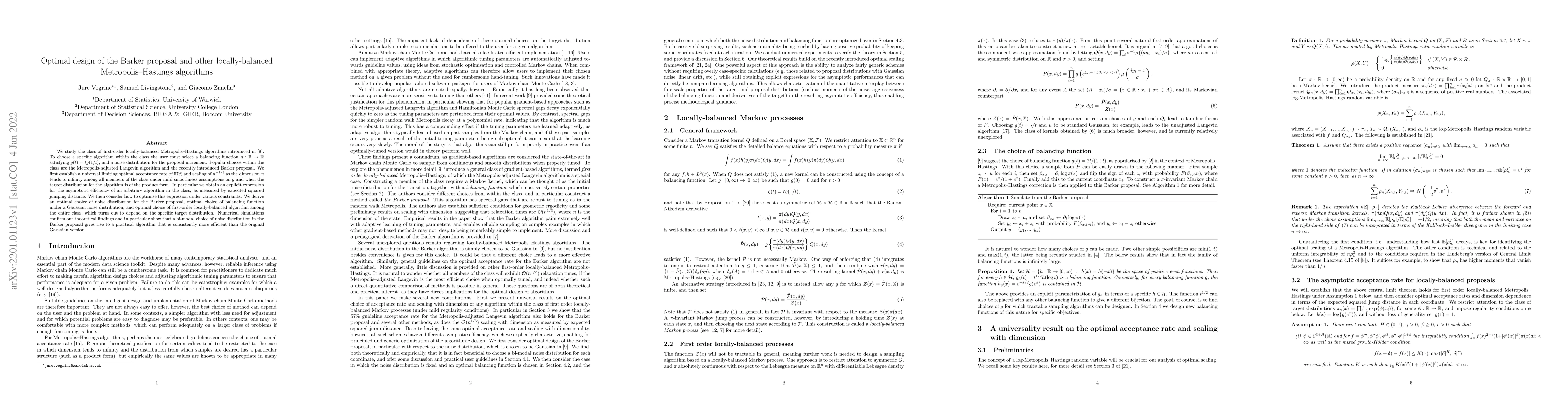 Thumbnail for Optimal design of the Barker proposal and other locally-balanced
  Metropolis-Hastings algorithms