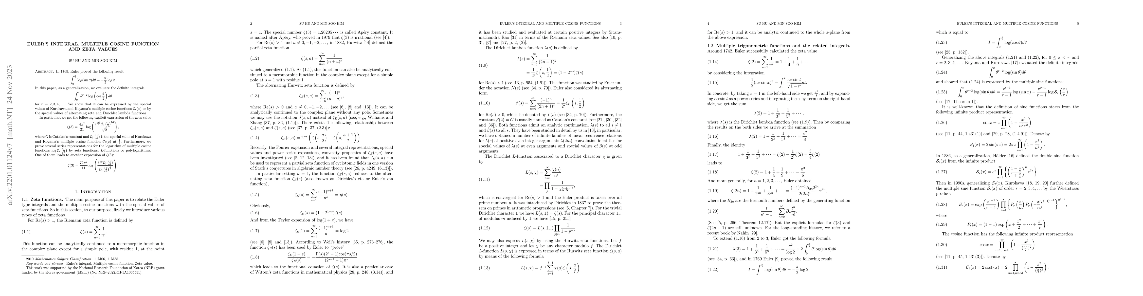 Thumbnail for Euler's integral, multiple cosine function and zeta values