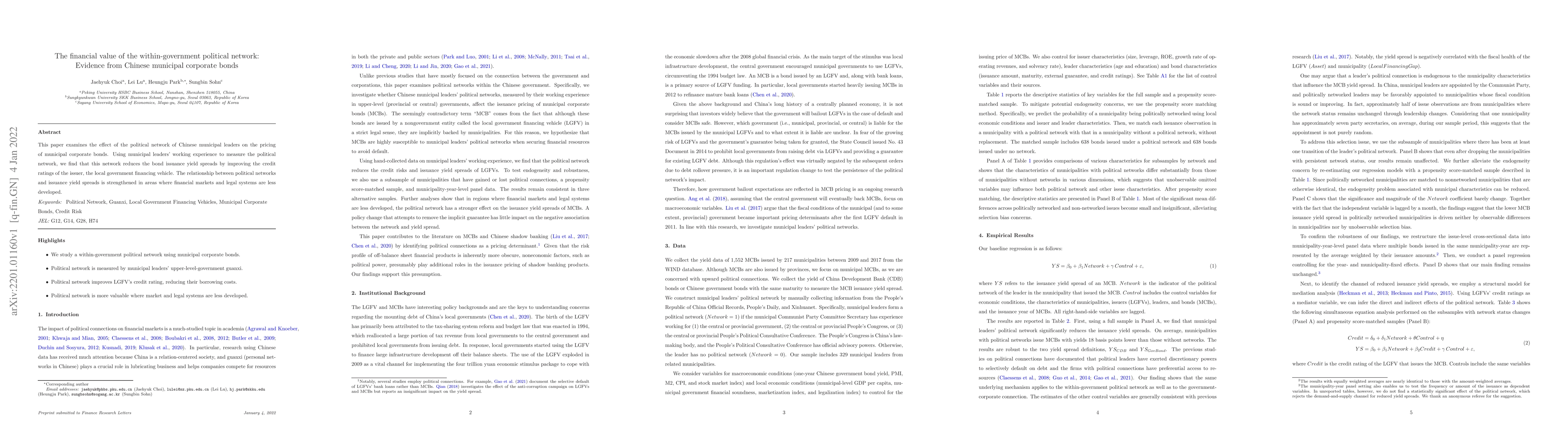 Thumbnail for The financial value of the within-government political network: Evidence
  from Chinese municipal corporate bonds