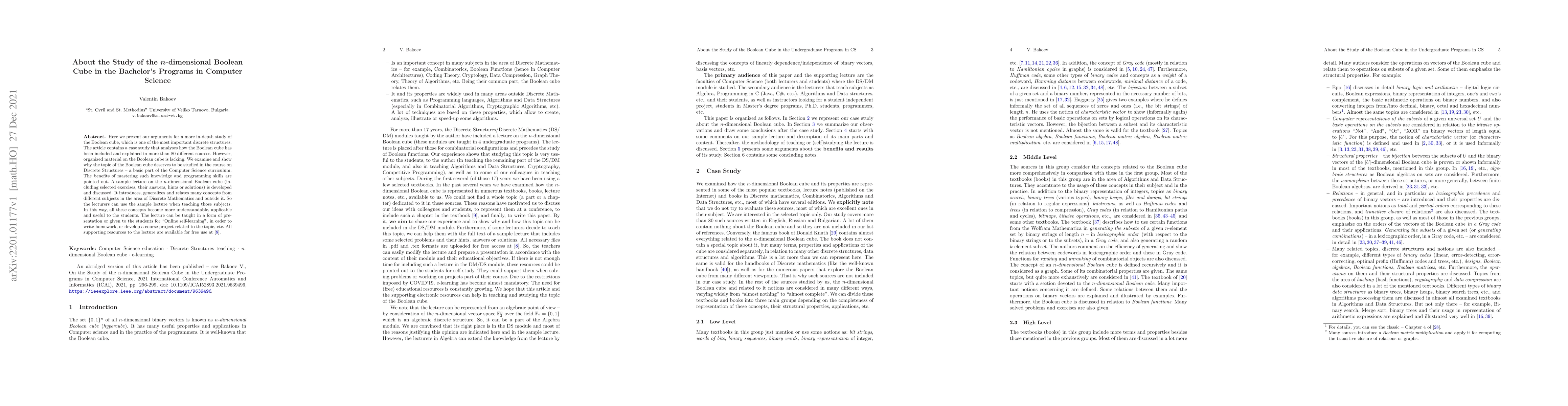 Thumbnail for About the Study of the $n$-dimensional Boolean Cube in the Bachelor's
  Programs in Computer Science