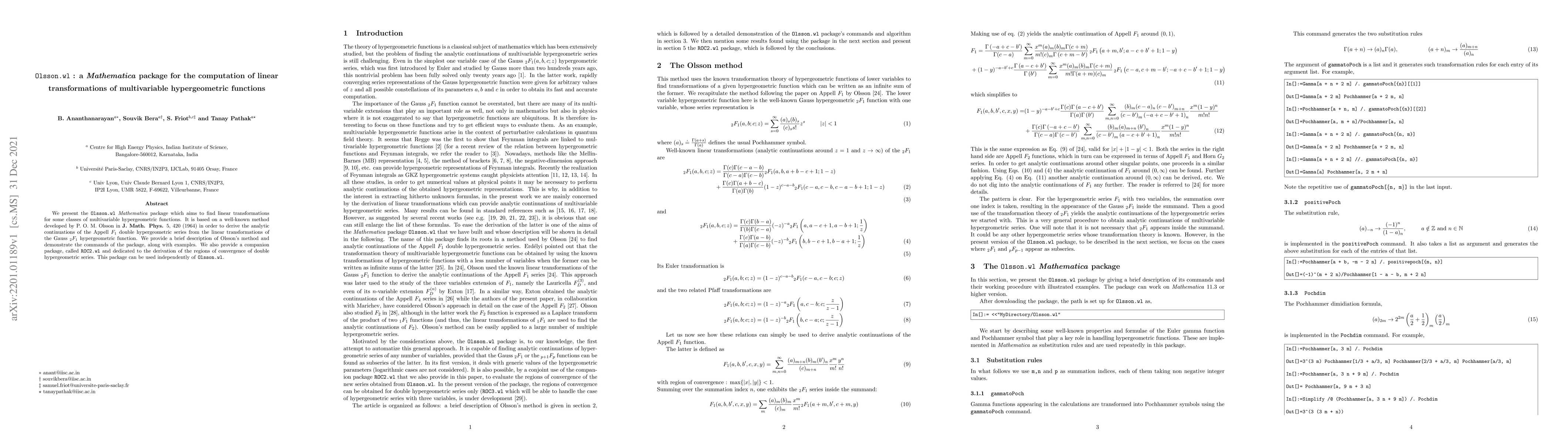 Thumbnail for Olsson.wl : a Mathematica package for the computation of linear
  transformations of multivariable hypergeometric functions