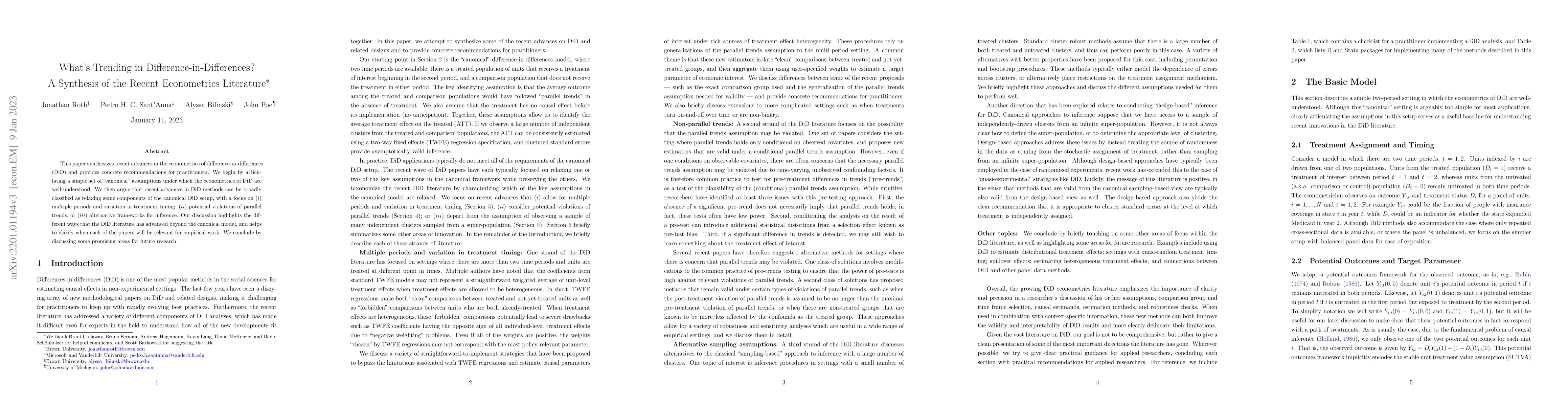 Thumbnail for What's Trending in Difference-in-Differences? A Synthesis of the Recent
  Econometrics Literature