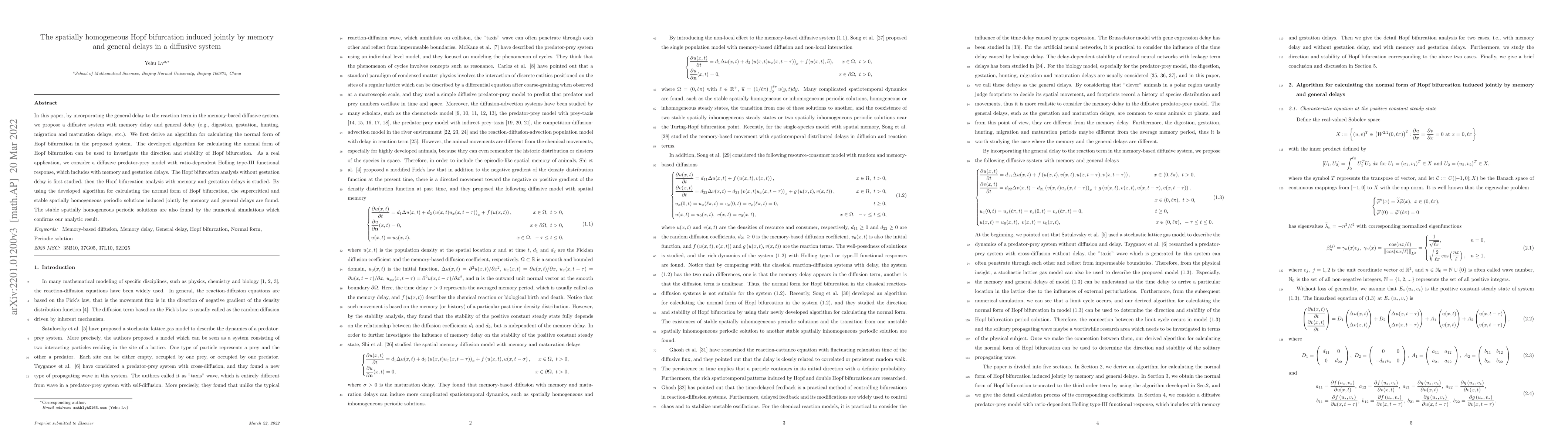 Thumbnail for The spatially homogeneous Hopf bifurcation induced jointly by memory and
  general delays in a diffusive system
