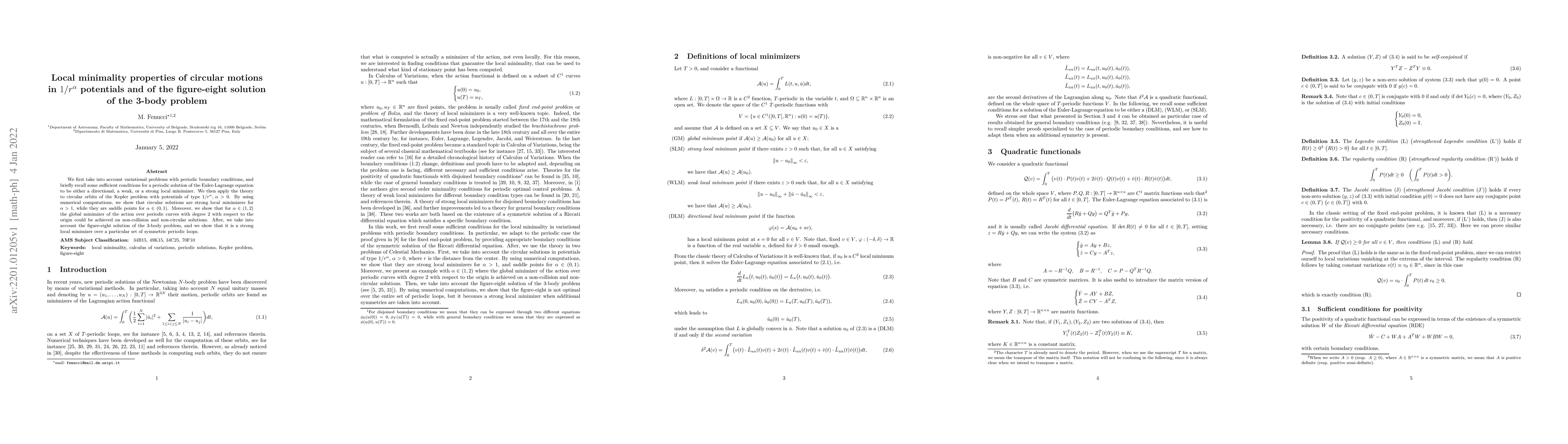 Thumbnail for Local minimality properties of circular motions in $1/r^\alpha$
  potentials and of the figure-eight solution of the 3-body problem