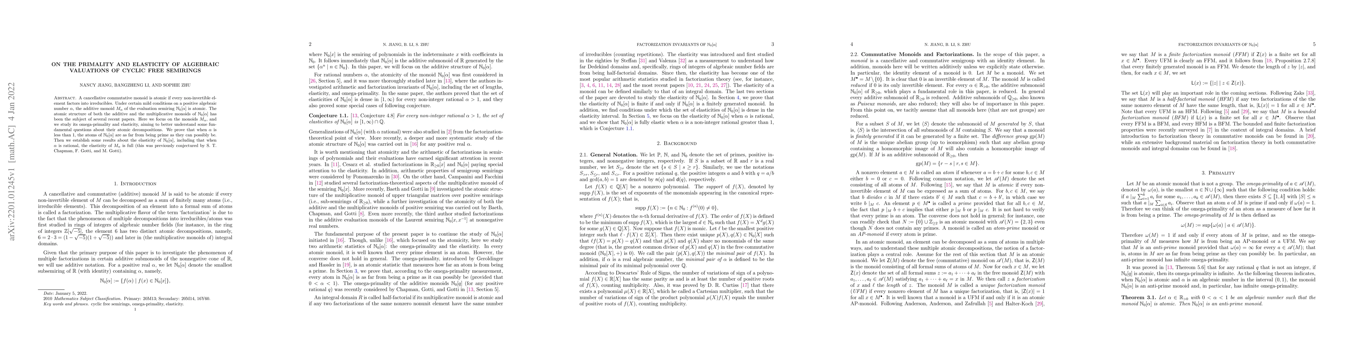 Thumbnail for On the primality and elasticity of algebraic valuations of cyclic free
  semirings