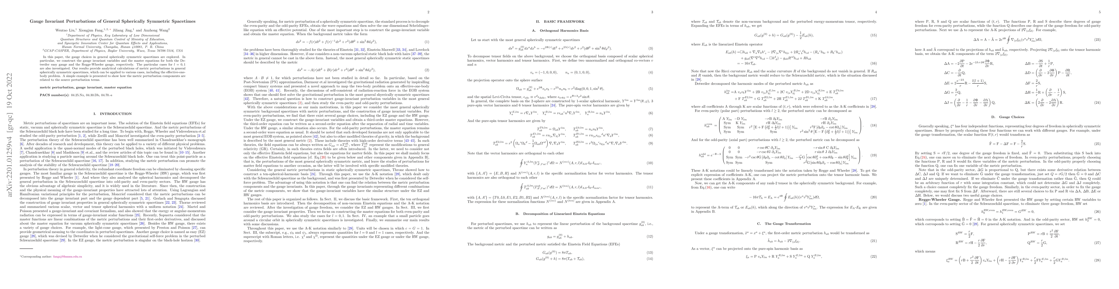 Thumbnail for Gauge Invariant Perturbations of General Spherically Symmetric
  Spacetimes