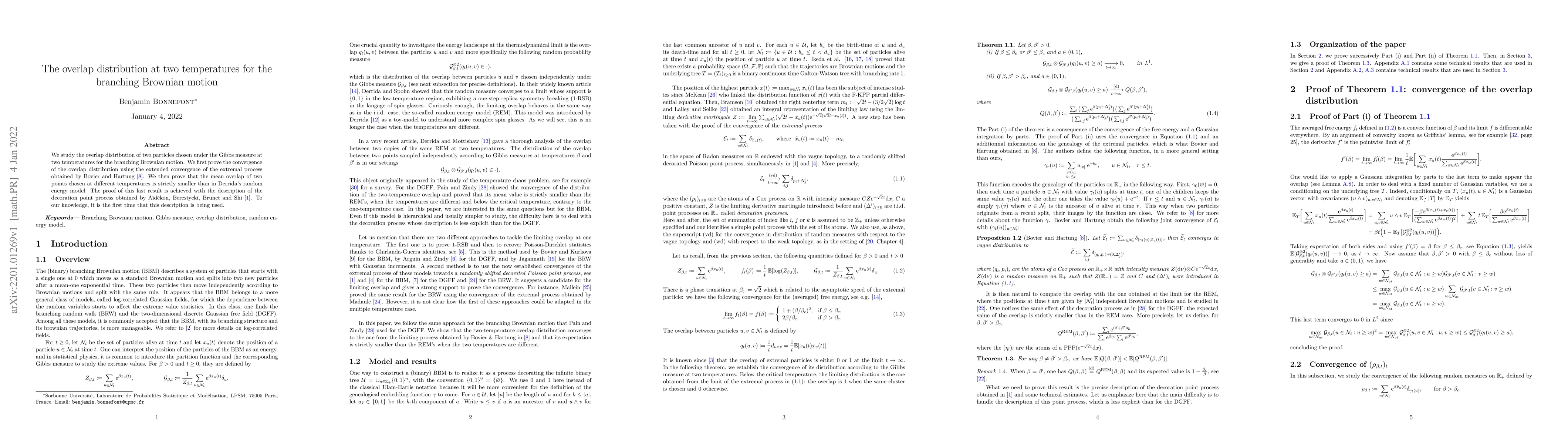 Thumbnail for The overlap distribution at two temperatures for the branching Brownian
  motion