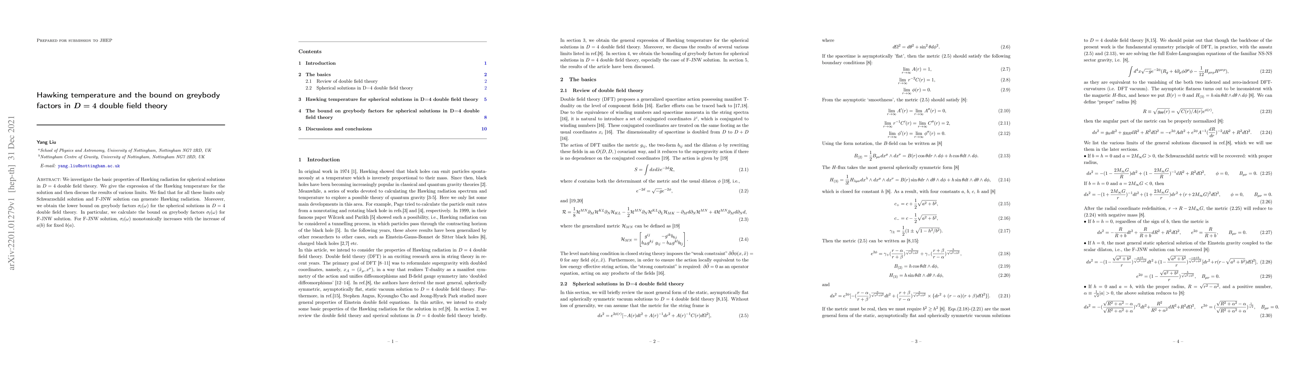 Thumbnail for Hawking temperature and the bound on greybody factors in $D = 4$ double
  field theory