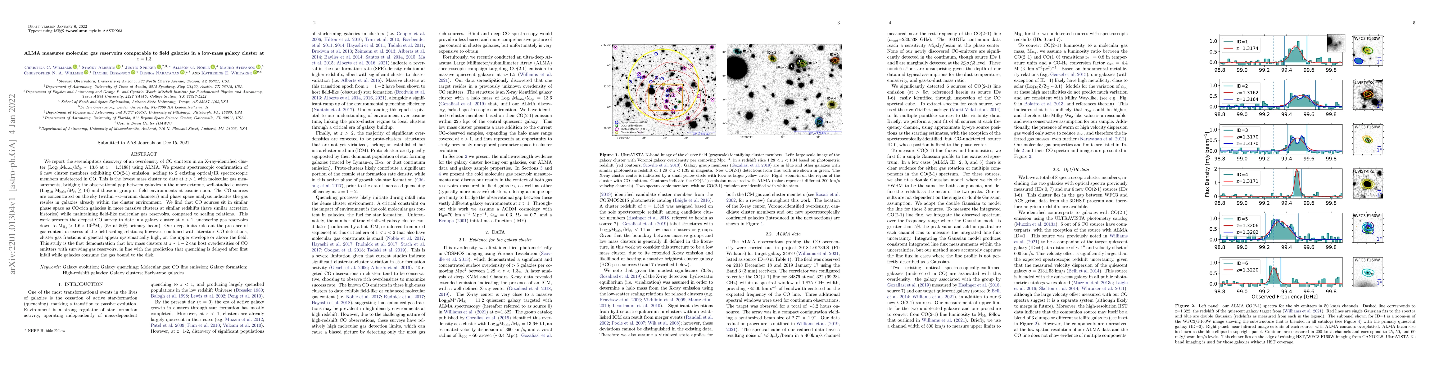 Thumbnail for ALMA measures molecular gas reservoirs comparable to field galaxies in a
  low-mass galaxy cluster at z=1.3