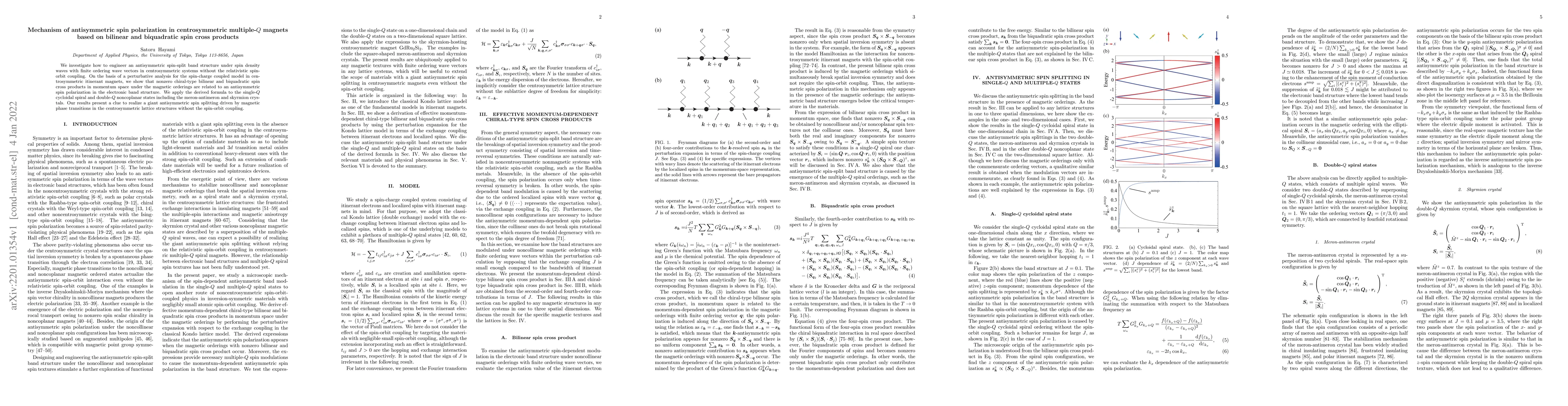 Thumbnail for Mechanism of antisymmetric spin polarization in centrosymmetric
  multiple-$Q$ magnets based on bilinear and biquadratic spin cross products