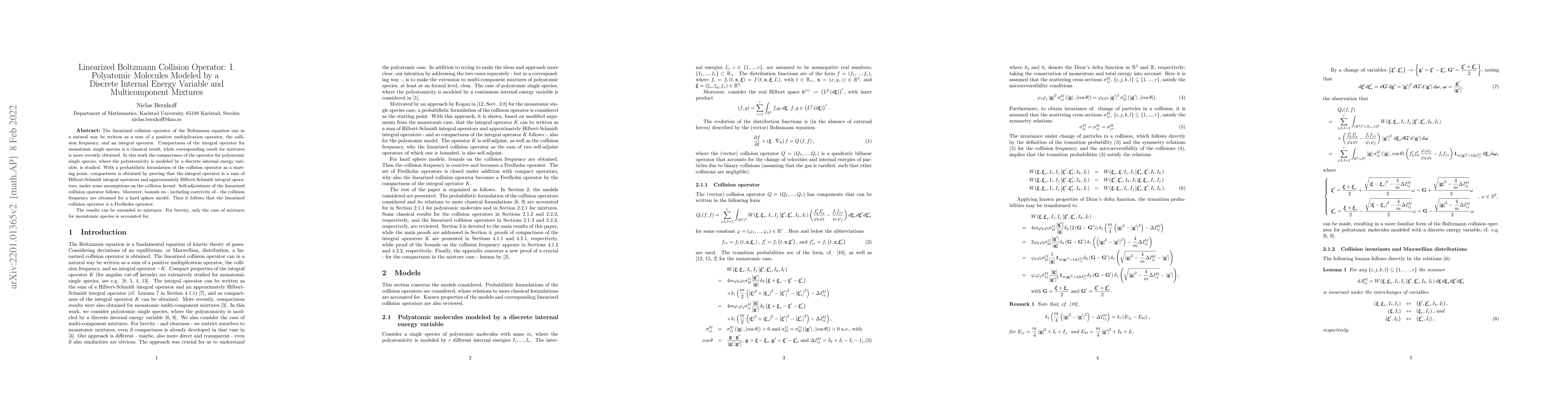 Thumbnail for Linearized Boltzmann Collision Operator: I. Polyatomic Molecules Modeled
  by a Discrete Internal Energy Variable and Multicomponent Mixtures