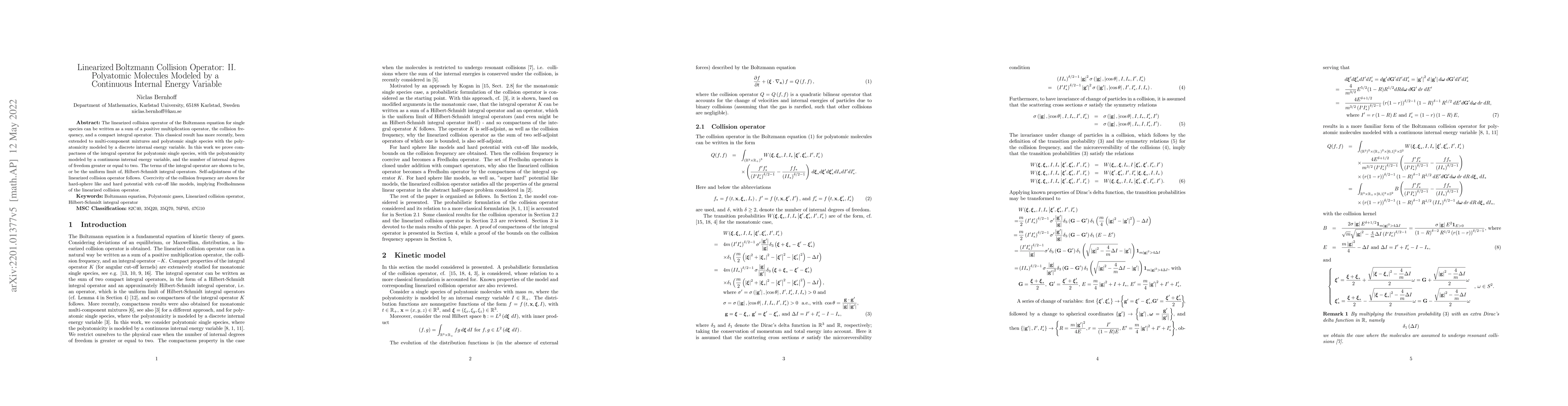 Thumbnail for Linearized Boltzmann Collision Operator: II. Polyatomic Molecules
  Modeled by a Continuous Internal Energy Variable