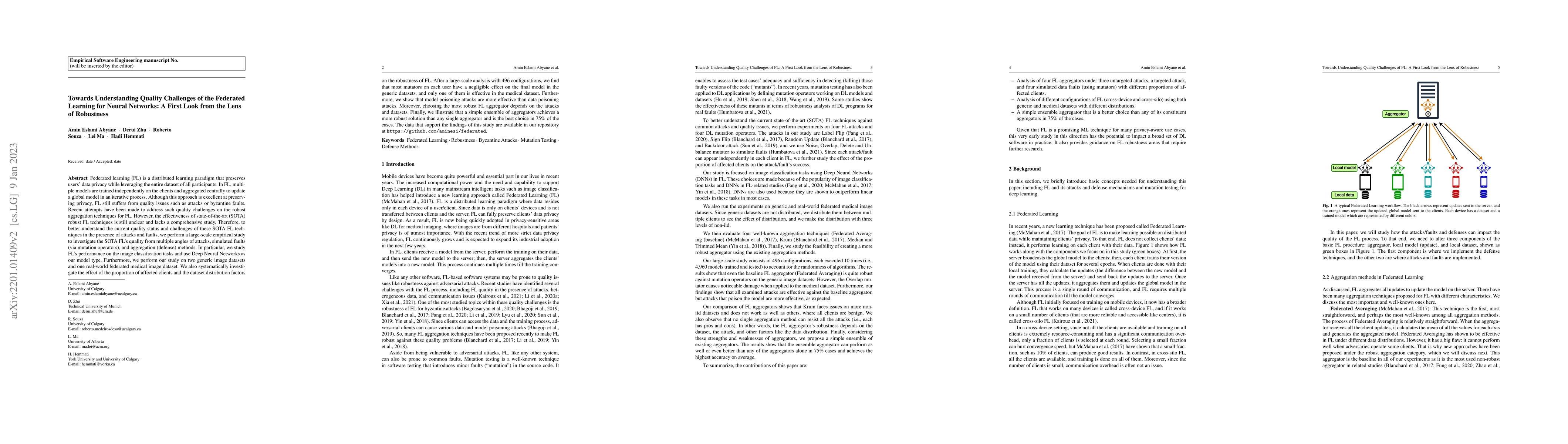 Thumbnail for Towards Understanding Quality Challenges of the Federated Learning for
  Neural Networks: A First Look from the Lens of Robustness
