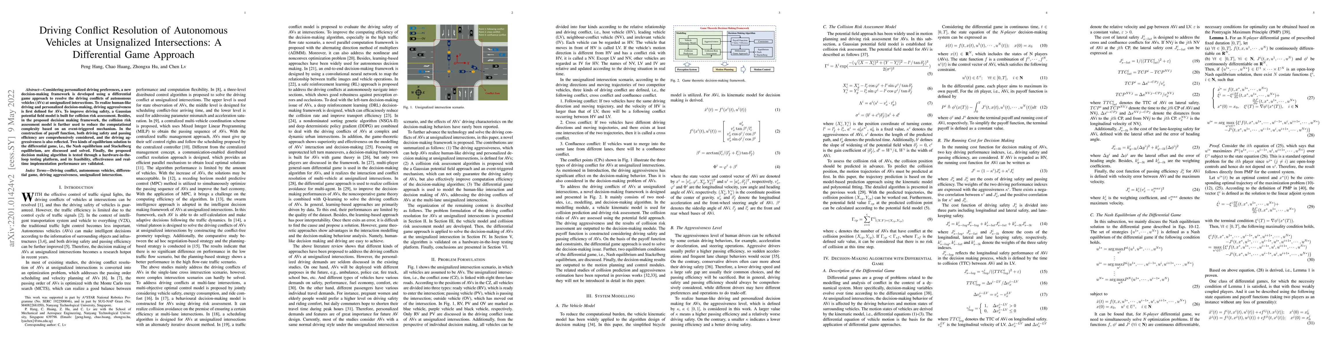 Thumbnail for Driving Conflict Resolution of Autonomous Vehicles at Unsignalized
  Intersections: A Differential Game Approach